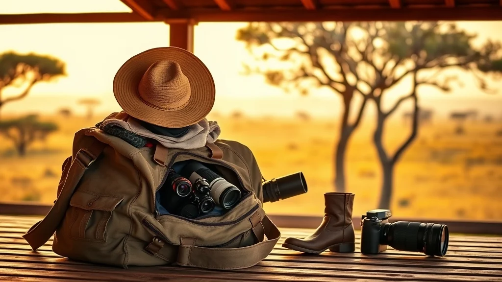 A backpack, binoculars, and camera equipment on a wooden table with a scenic African landscape in the background.