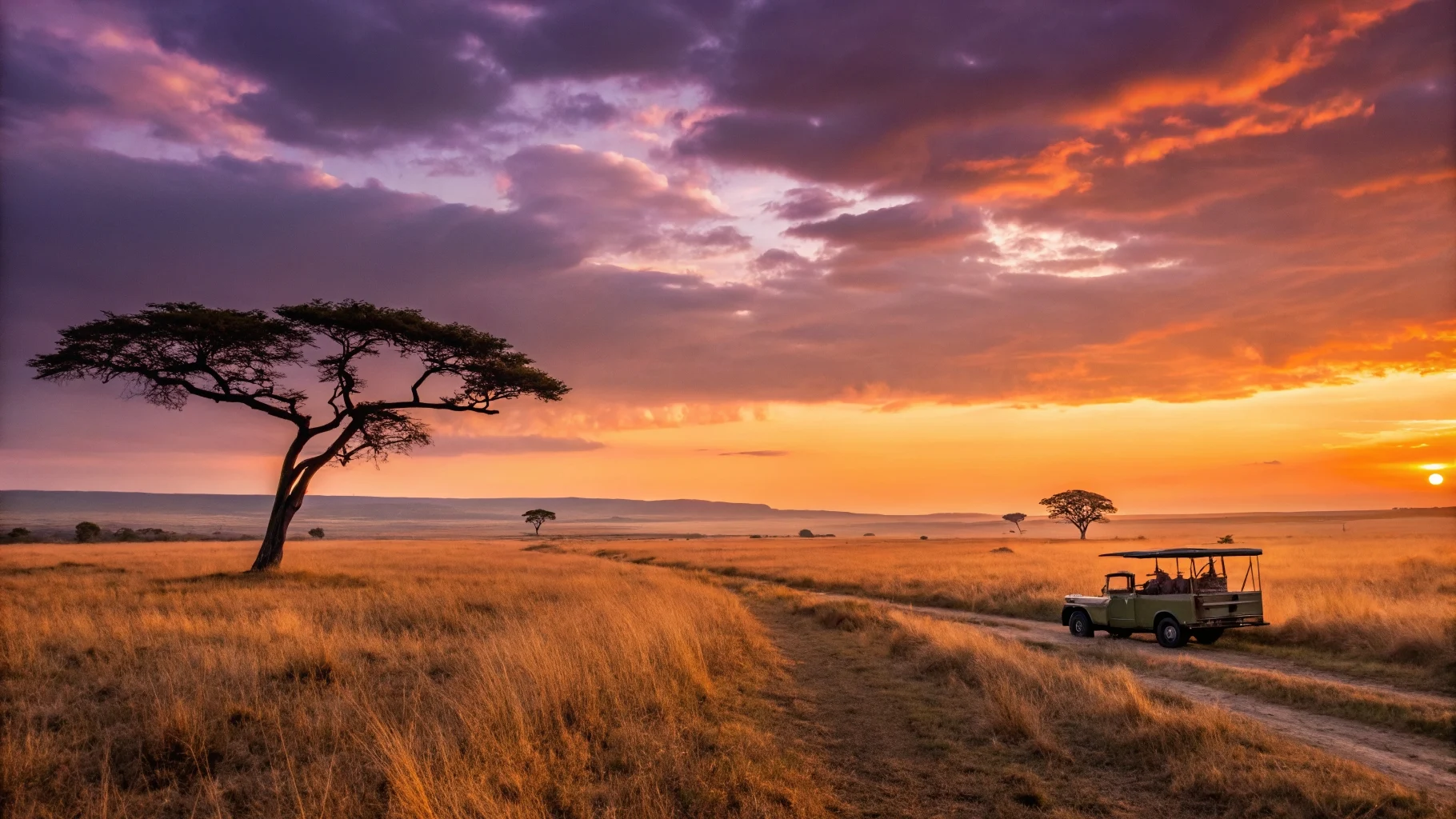 Professional guide leading a game drive at golden-hour sunset across the South African savanna
