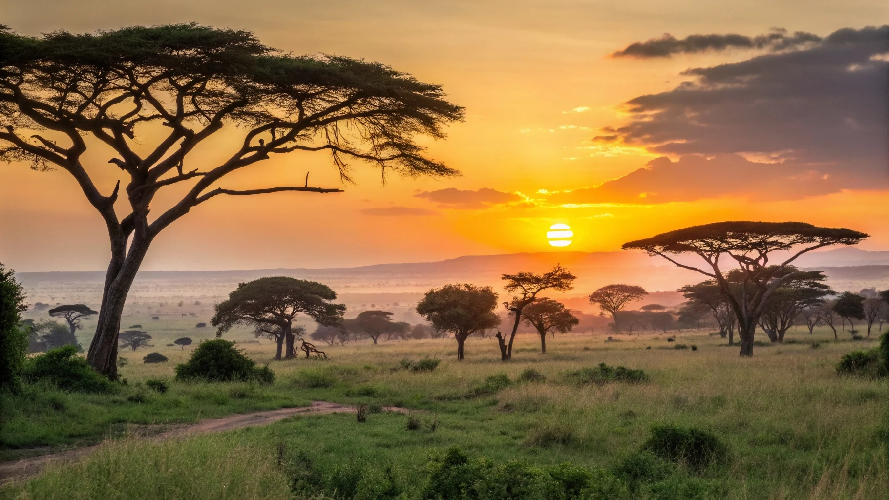 Picturesque African savanna landscape at sunset, with silhouetted acacia trees and wildlife.
