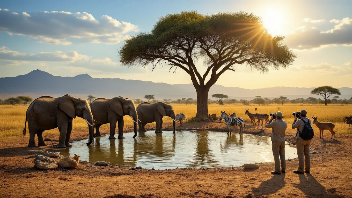 Photo safari in Africa with tourists and a professional guide in an open game drive vehicle — Kruger National Park Big Five experience