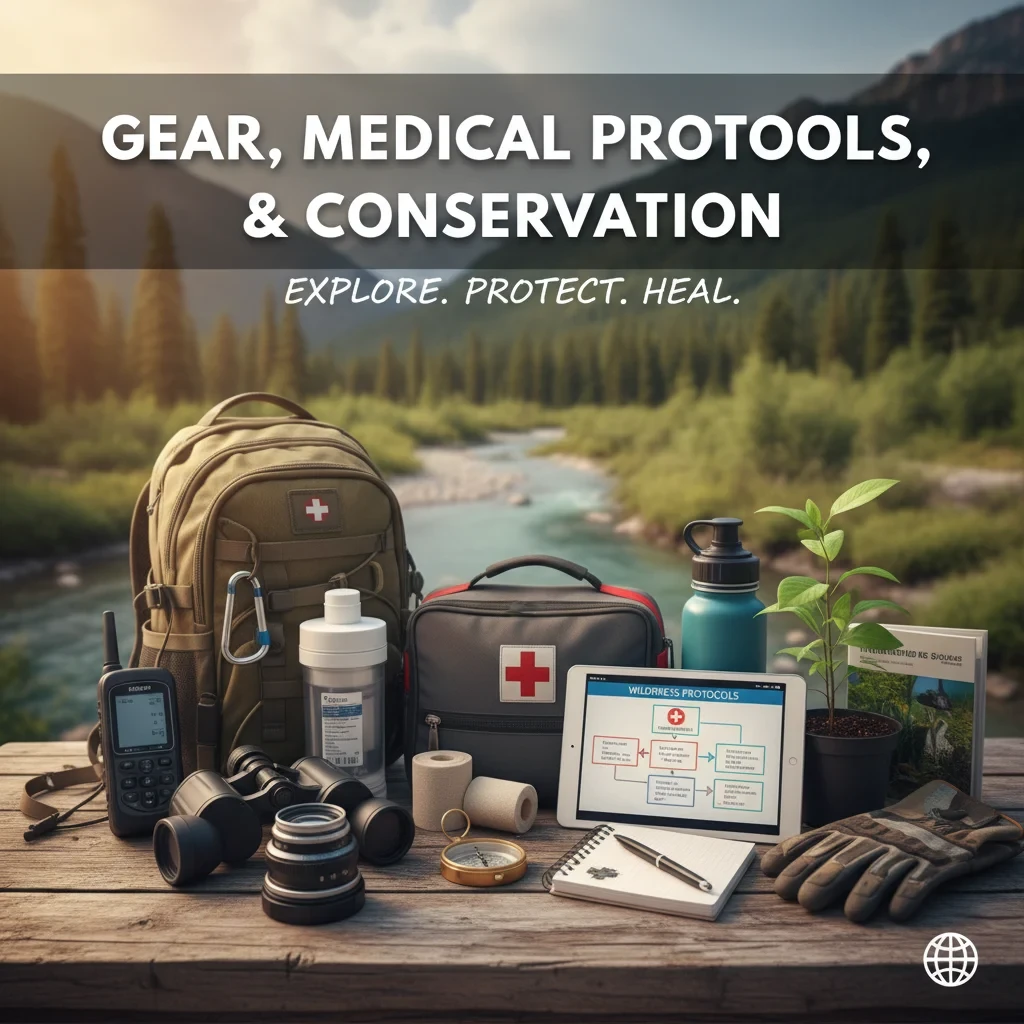 Outdoor gear, medical tools, and conservation items spread out on a wooden surface with nature scene in background.