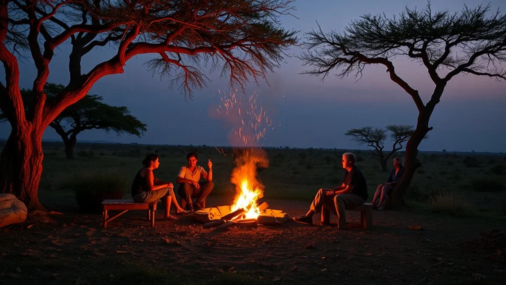 Safari travellers gathered around a campfire in the African bush at night — lodge booking confirmed