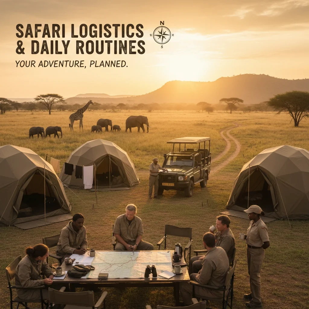 Safari logistics and daily routines: Your adventure, planned - Panoramic view of a safari camp with tents, safari vehicles, and wildlife in the distance at sunset.
