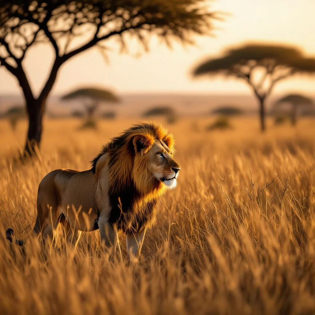 A majestic male lion standing in a golden African savanna at sunset.