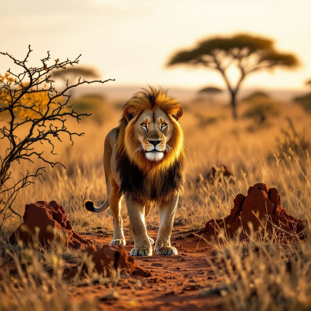 Lion resting on open savannah plains of Kenya's Masai Mara National Reserve at golden hour