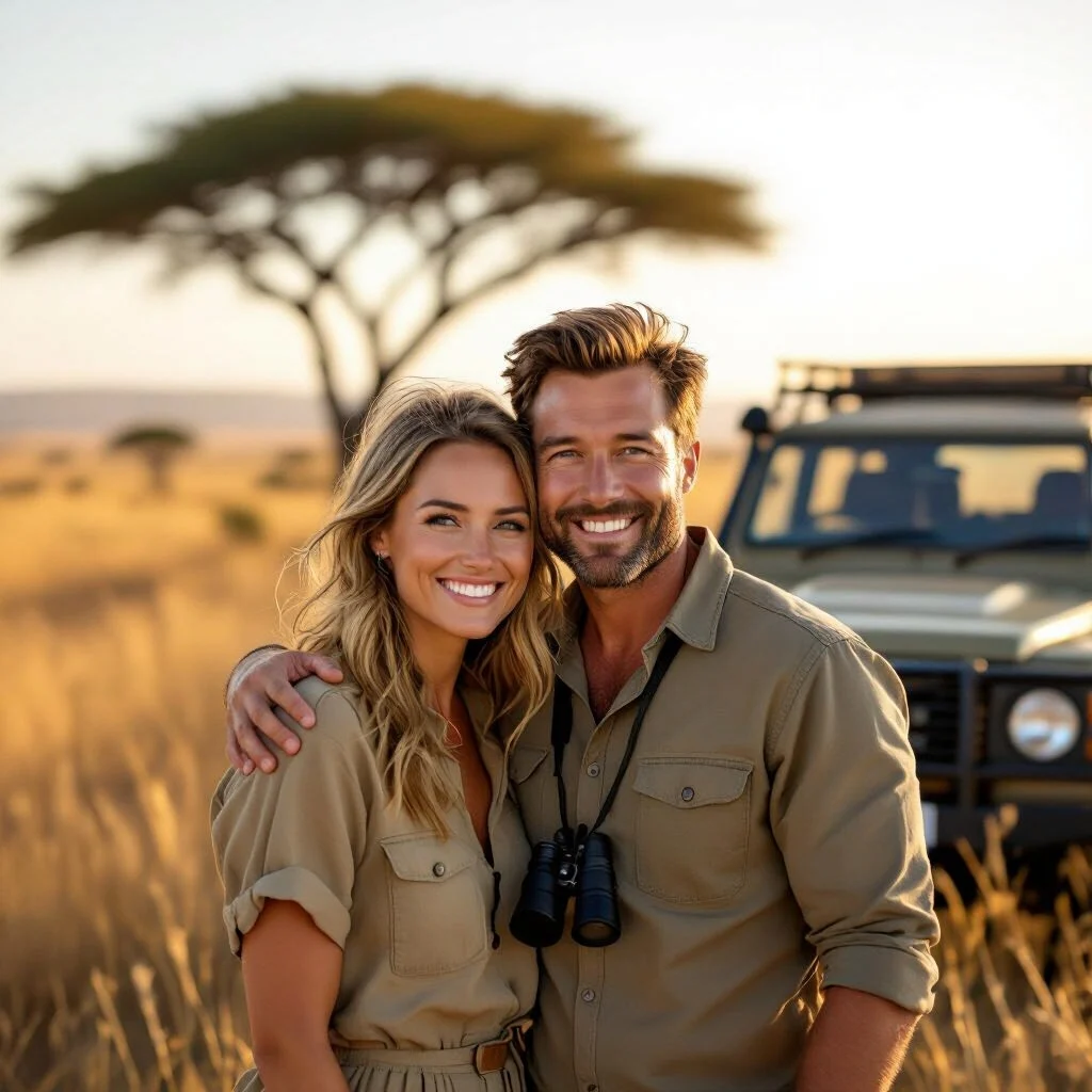 Couple smiling on a Kenya safari open 4x4 game drive vehicle in the African bush