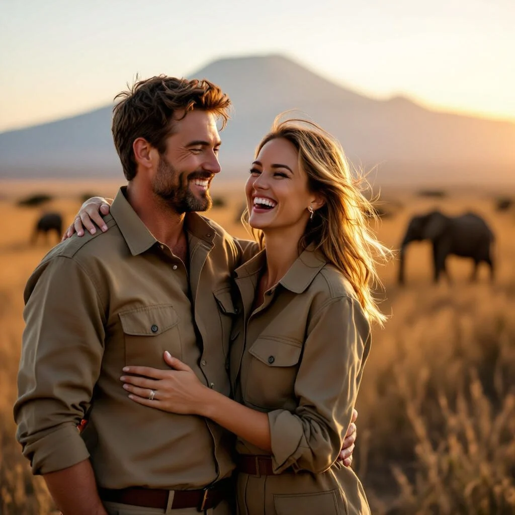 Honeymooners on a hot air balloon flight over the Masai Mara wildebeest herds at sunrise, Kenya
