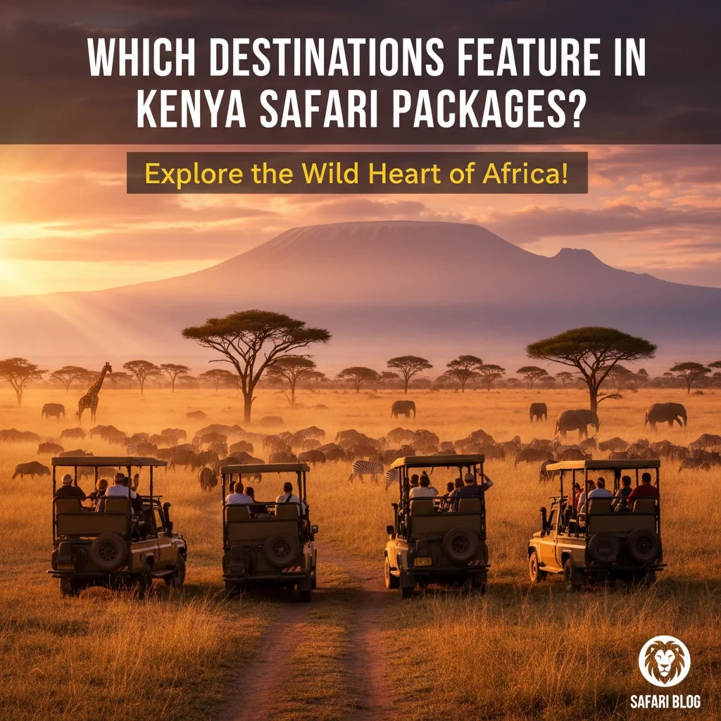 Safari vehicles exploring the scenic African savanna landscape with wildlife and trees at sunset.