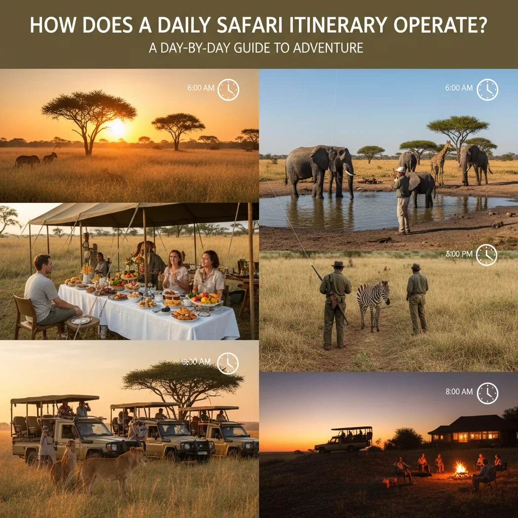 A guide to the daily safari itinerary, showcasing different activities and experiences throughout the day.