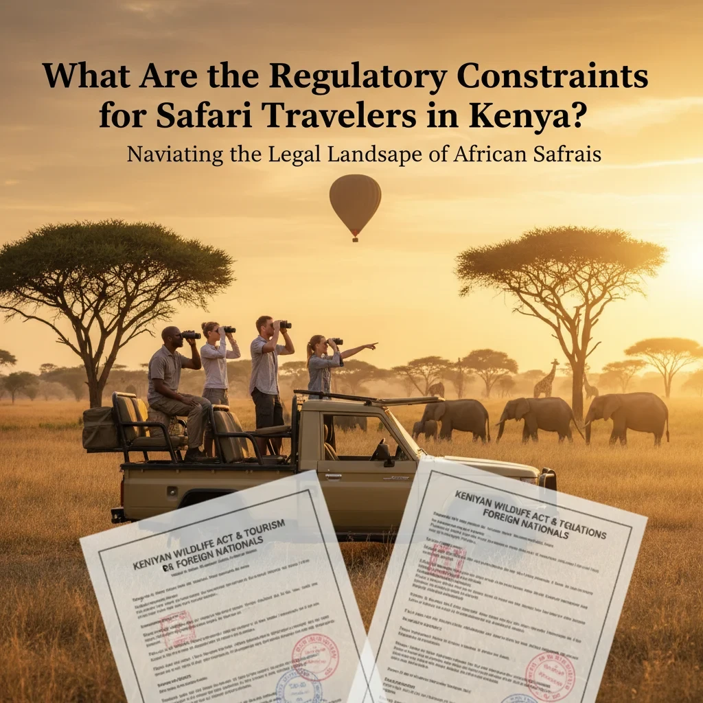 Safari travelers in Kenya view elephants from an open-top vehicle amid a scenic savanna landscape, with regulatory documents visible in the foreground.