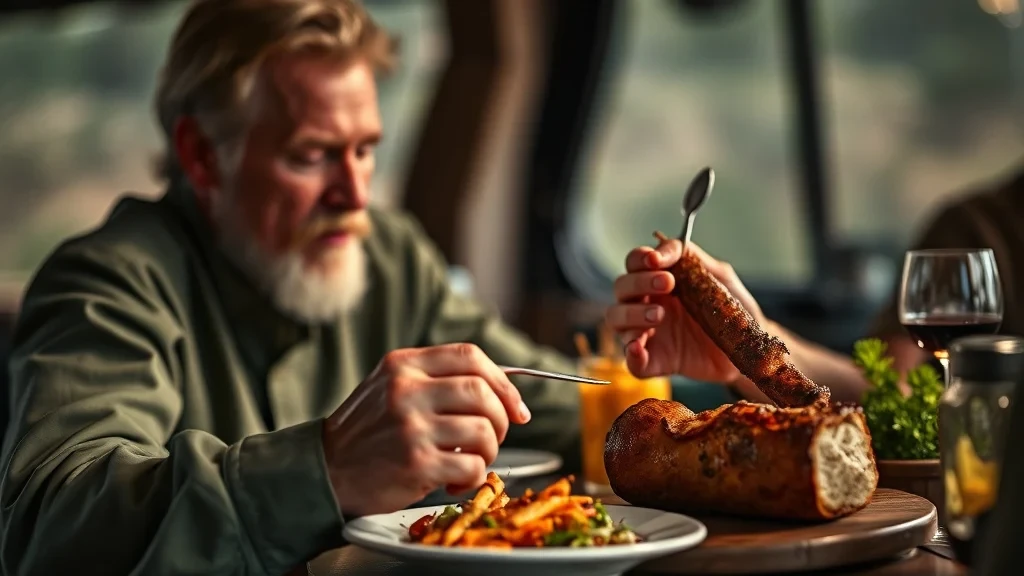 Man with a beard eating a roasted meat dish at a restaurant table.