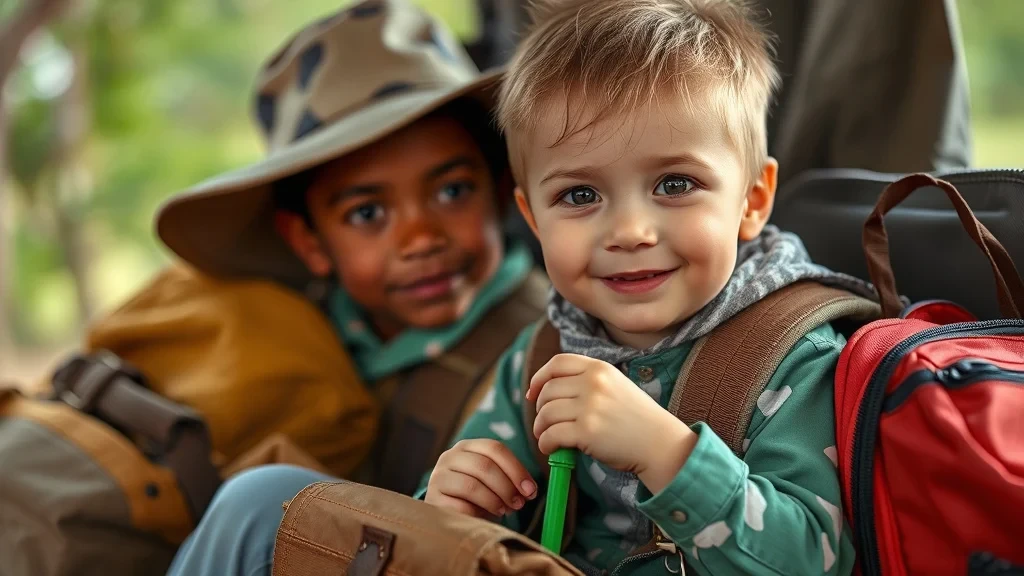 Two young boys wearing outdoor gear sitting together in nature.