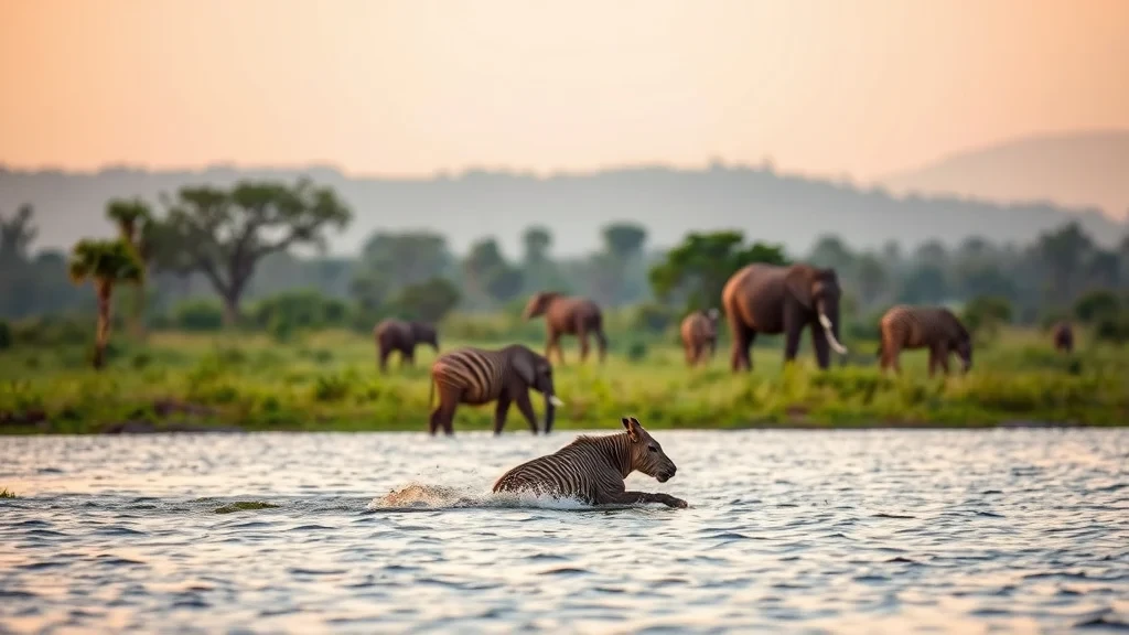 Herd of elephants in a lush, tropical landscape by a body of water at sunset.