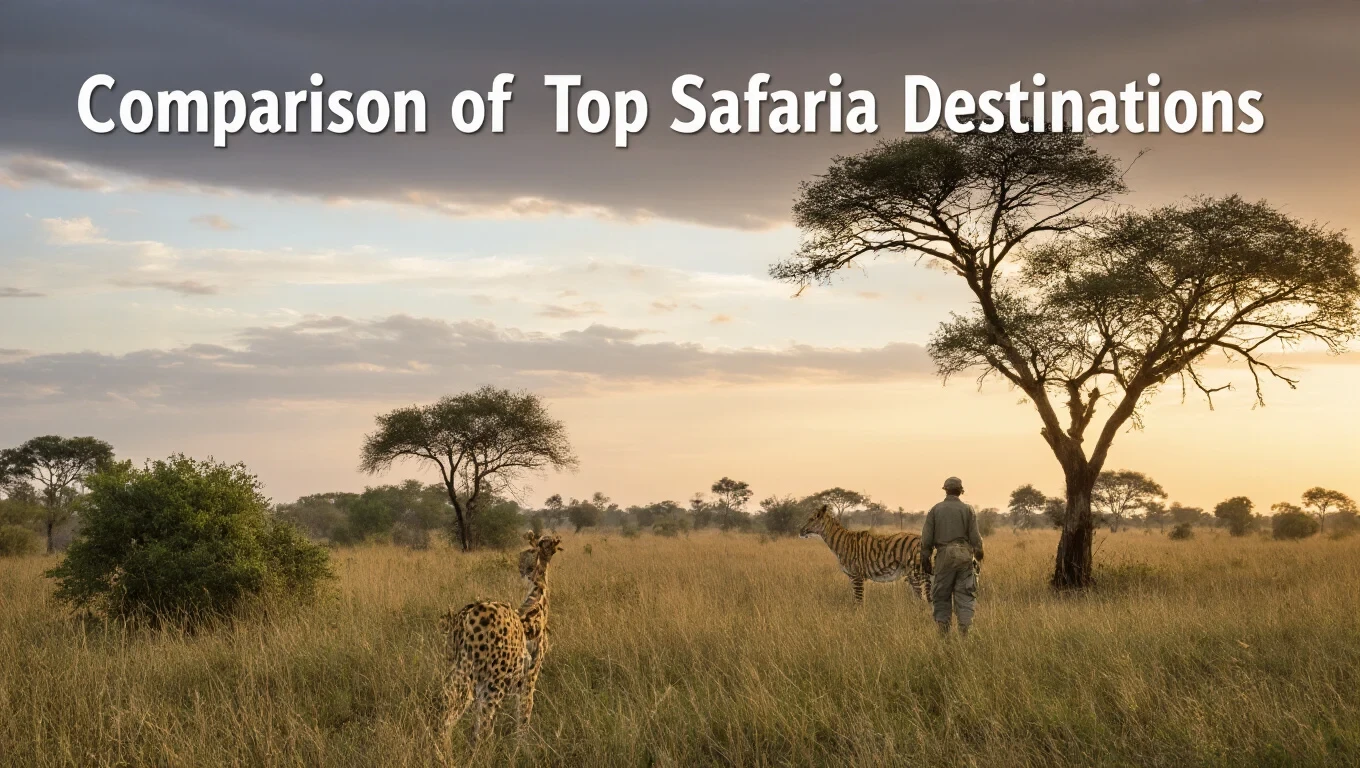 Comparison of top safari destinations showcasing a sunset landscape with a silhouetted safari guide, a giraffe, and a zebra in a grassy field.