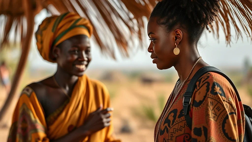 Two African people in traditional attire standing in a rural setting with palm trees.