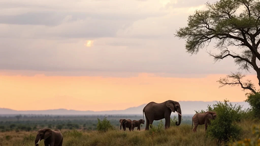 Herd of elephants silhouetted against a colorful sunset sky in a natural landscape.