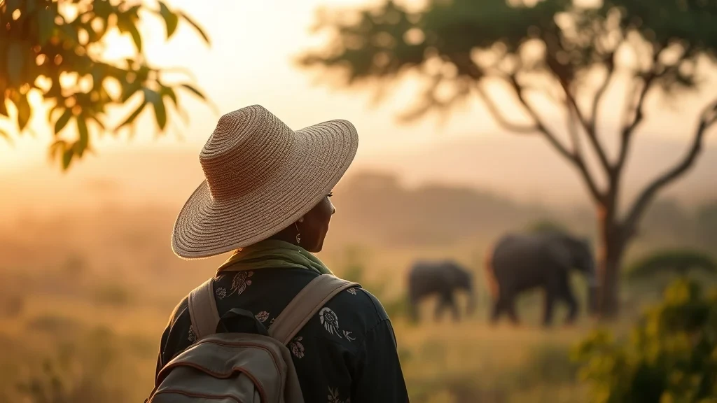 A person in a wide-brimmed hat standing in a grassy field with elephants in the background at sunset.