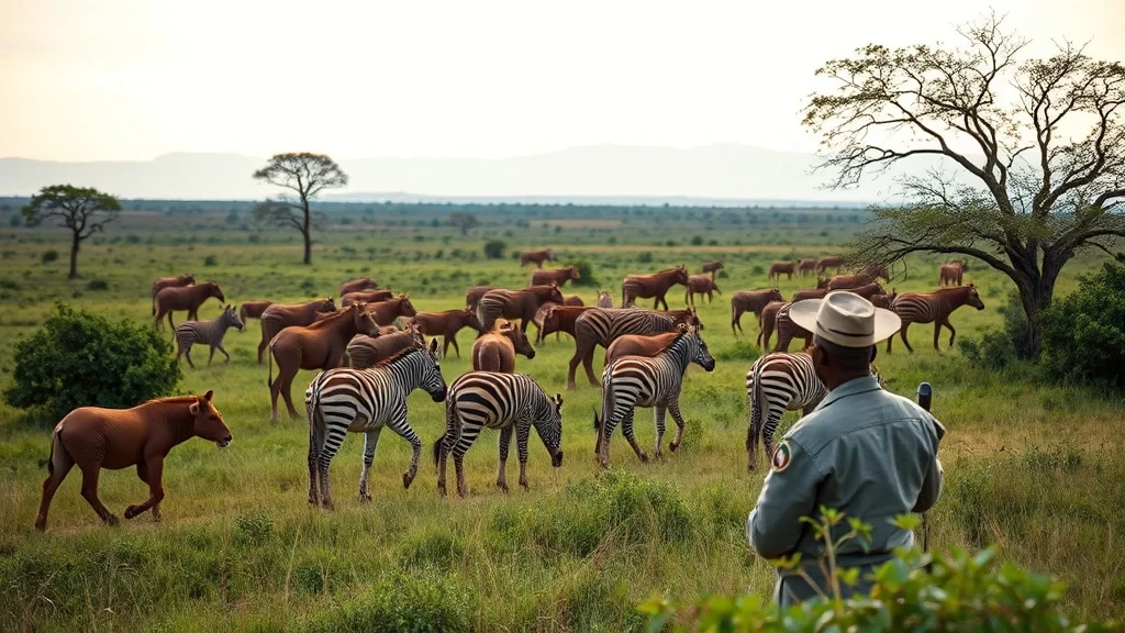 A safari ranger observes a herd of zebras and horses in a lush, grassy African savanna landscape.