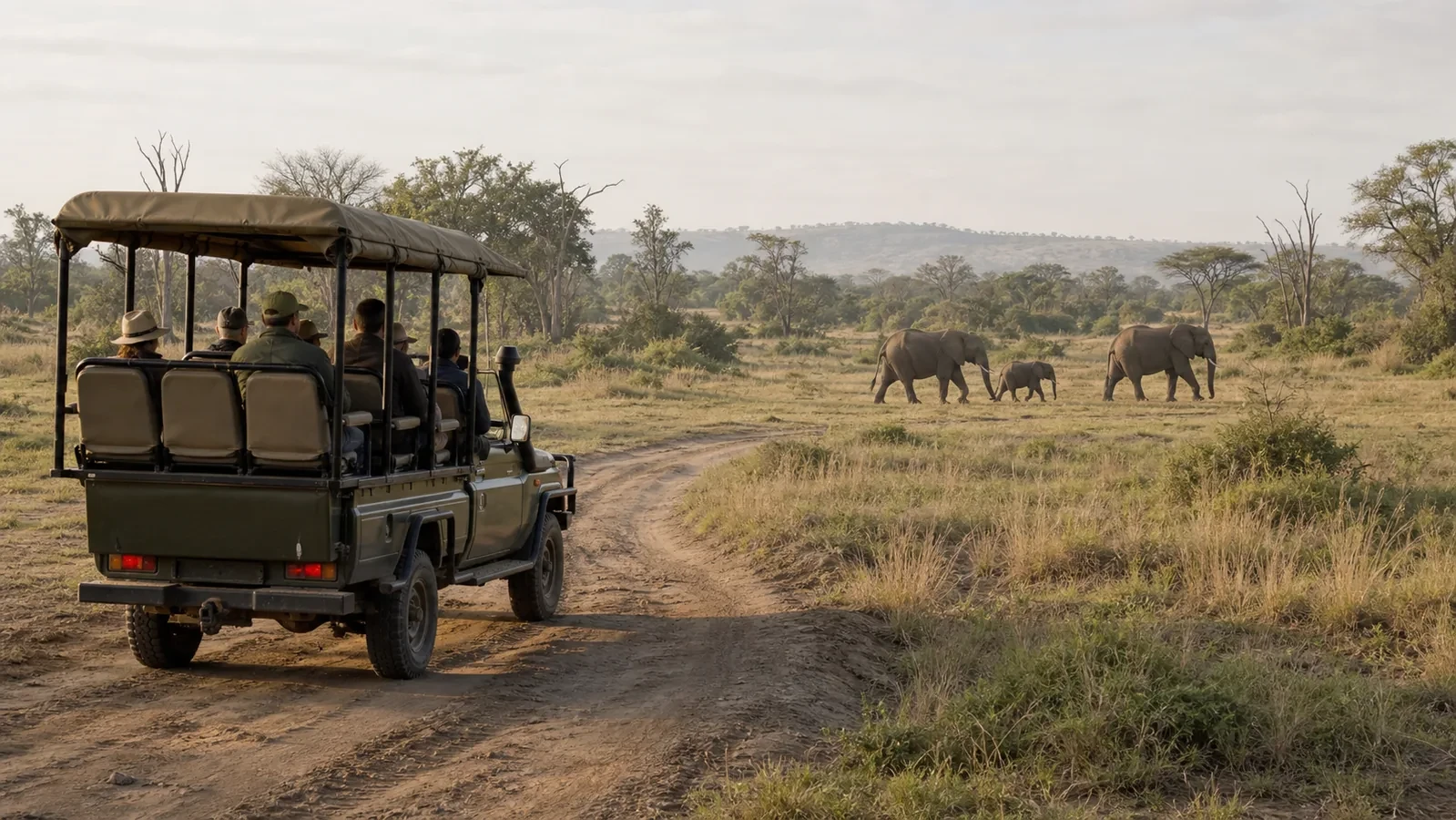 Open safari vehicle watching elephants cross an established track from a safe distance