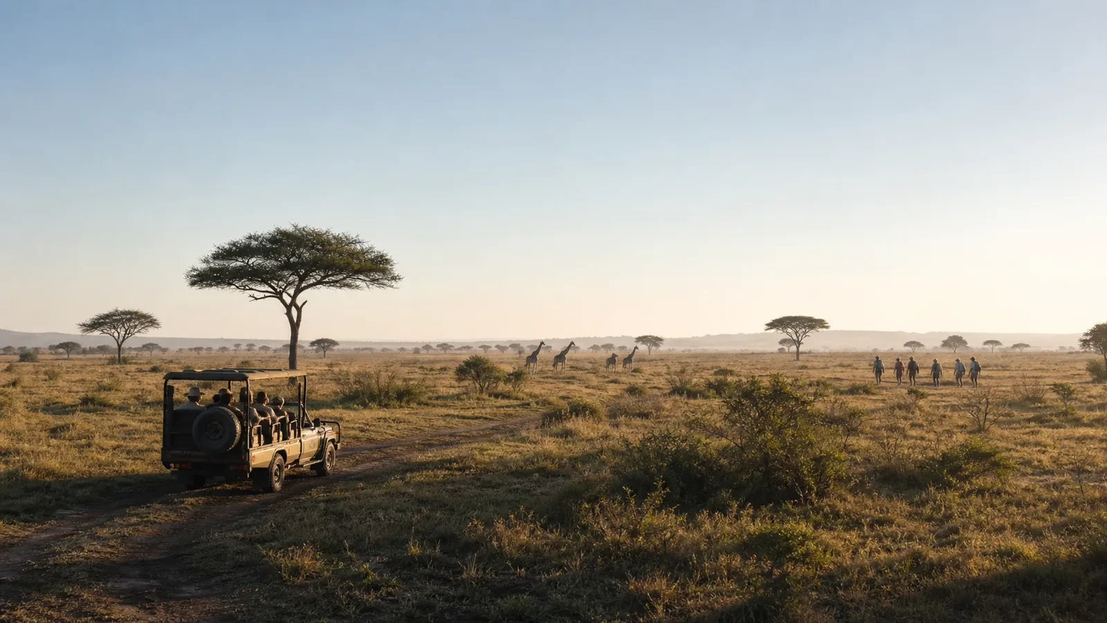 Open safari vehicle and guided walking group crossing separate routes on an African savannah