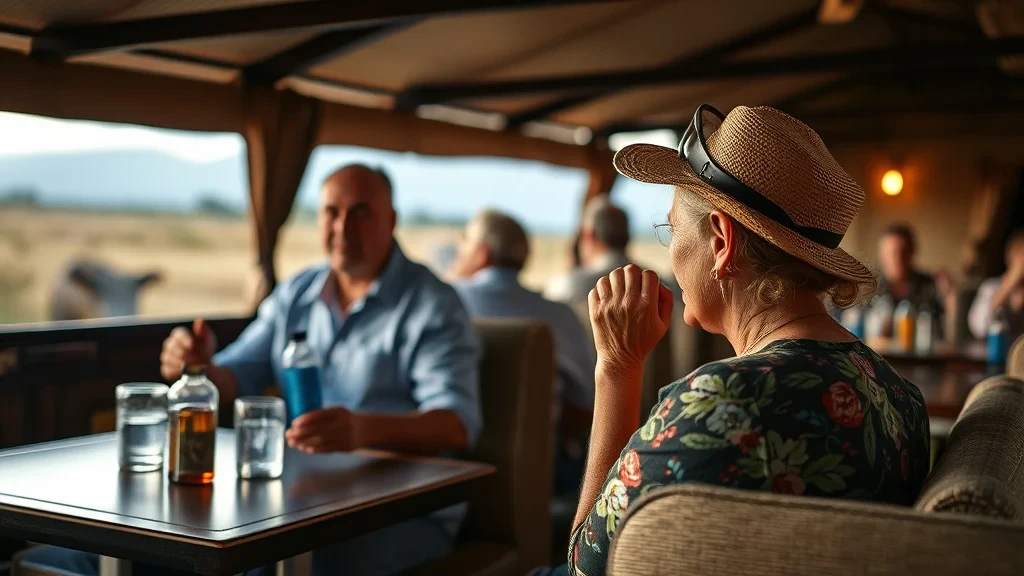 Group of people seated at a table in a rustic setting, with one person wearing a straw hat.