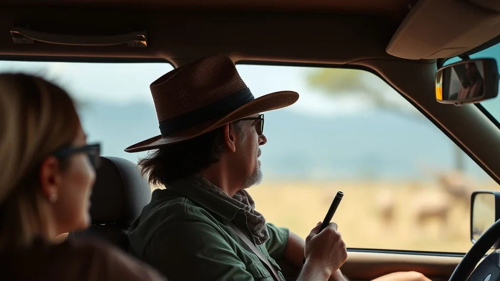 A man in a brown hat and green jacket driving a vehicle and looking out the windshield.