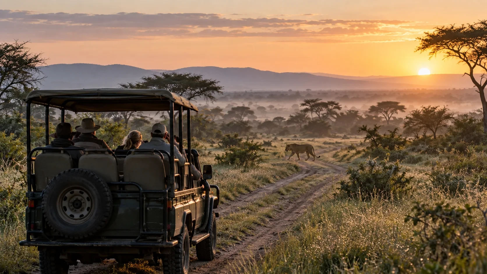 Morning safari vehicle watching a lion cross a track at sunrise
