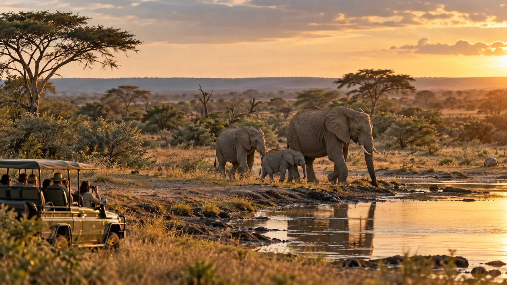 Elephant family near a waterhole during an evening game drive